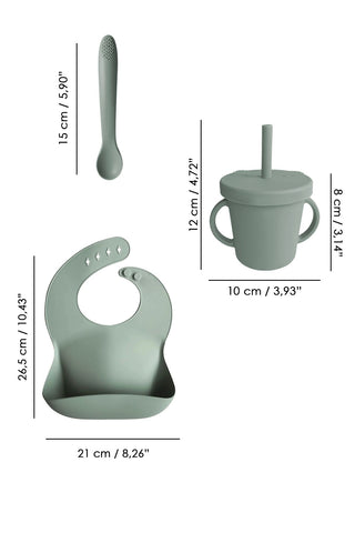 4'lü Silikon Beslenme Seti - Yapboz Puzzle Mama Tabağı Önlük Pipetli Bardak Diş Kaşıyıcı Kaşık Yeşil