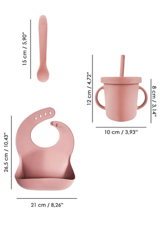 4'lü Silikon Beslenme Seti - Yapboz Puzzle Mama Tabağı Önlük Pipetli Bardak Diş Kaşıyıcı Kaşık Pembe