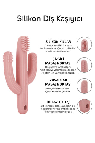3'lü Silikon Diş Kaşıyıcı Set - Kaktüs Zürafa Figürlü Diş Kaşıyıcı Bebek Diş Kaşıma Emziği Pembe