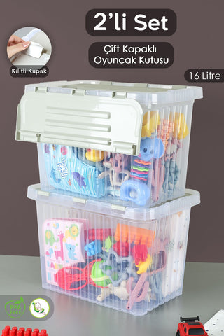 2'li Set - Kilitli Kapak Oyuncak Kutusu - Bebek Çocuk Odası Düzenleyici Organizer - 16 Lt Bej
