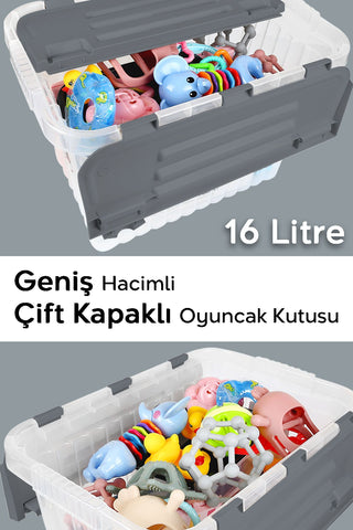 3'lü Set - Kilitli Kapak Oyuncak Kutusu - Bebek Çocuk Odası Düzenleyici Organizer - 16 Lt Antrasit