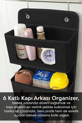 Bebek Odası Kapı Arkası Düzenleyici - Çocuk Odası Eşya Organizer - 6 Katlı Raf - Siyah