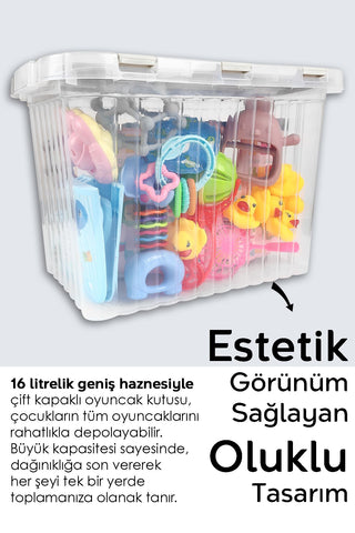 2'li Set - Kilitli Kapak Oyuncak Kutusu - Bebek Çocuk Odası Düzenleyici Organizer - 16 Lt Bej
