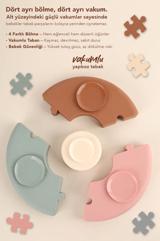 Puzzle Mama Tabağı Kaşık Seti - Silikon Vakum Tabanlı Yapboz Mama Tabağı Silikon Kaşık - Kahve Gri