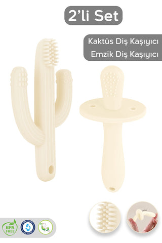 2'li Bebek Diş Kaşıyıcı Seti - Silikon Diş Kaşıma Emziği, Kaktüs Silikon Diş Kaşıyıcı - Bej