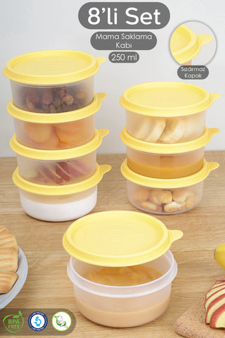 8'li Yuvarlak Bebek Mama Saklama Kabı Seti - Çocuk Atıştırmalık Kabı Beslenme Kabı 250ml Sarı
