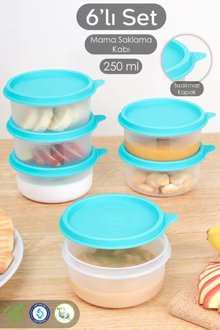 6'lı Yuvarlak Bebek Mama Saklama Kabı Seti - Çocuk Atıştırmalık Kabı Beslenme Kabı 250ml Yeşil
