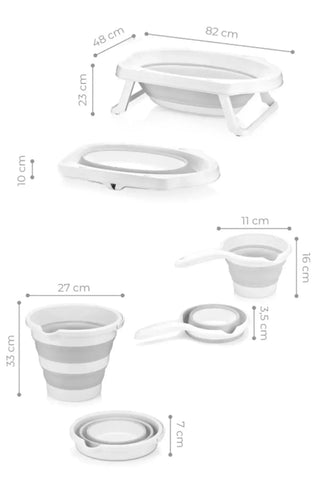 4'lü Katlanır Banyo Seti - Bebek Küveti, Fileli Yıkama Aparatı, Su Kovası, Maşrapa Sünger Hediye Gri