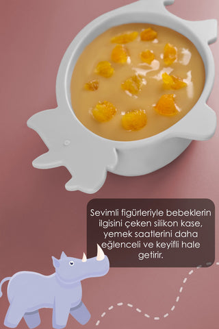 3'lü Hayvan Figürlü Silikon Bebek Mama Kasesi Seti - Şekilli Bebek Beslenme Kasesi Gri