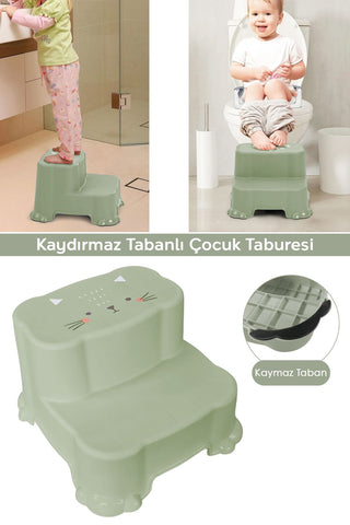 Kaydırmaz Çocuk Taburesi - Çift Basamaklı Banyo Lavabo Merdiven Yükseltici Bebek Basamağı Yeşil