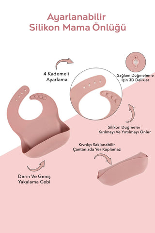4'lü Silikon Beslenme Seti - Yapboz Puzzle Mama Tabağı Önlük Pipetli Bardak Diş Kaşıyıcı Kaşık Pembe