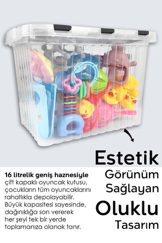 2'li Set - Bebek Çocuk Odası Düzenleyici - Kilitli Kapak Oyuncak Kutusu Organizer - 16 Lt Antrasit
