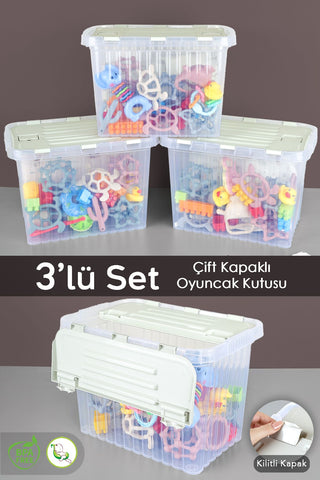 3'lü Set - Kilitli Kapak Oyuncak Kutusu - Bebek Çocuk Odası Düzenleyici Organizer - 16 Lt Bej