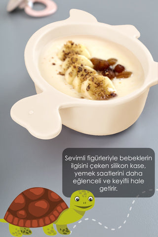 3'lü Hayvan Figürlü Silikon Bebek Mama Kasesi Seti - Şekilli Bebek Beslenme Kasesi Bej