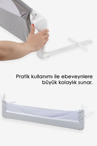 180x65 Cm Katlanır Bebek Yatak Bariyeri - Mega Boy Koruma Bariyeri Koruyucu Baza Korkuluğu Gri