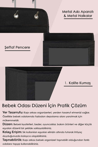 Bebek Odası Kapı Arkası Düzenleyici - Çocuk Odası Eşya Organizer - 6 Katlı Raf - Siyah