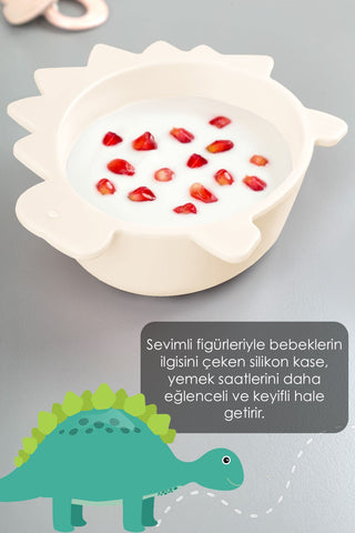 3'lü Hayvan Figürlü Silikon Bebek Mama Kasesi Seti - Şekilli Bebek Beslenme Kasesi Bej