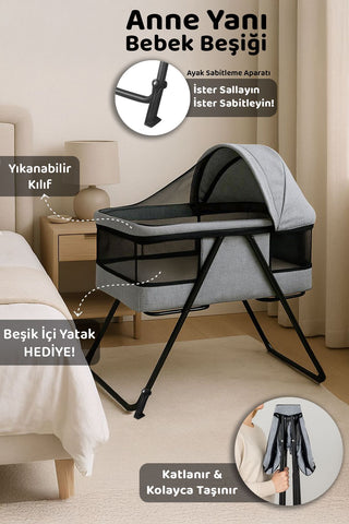 Katlanır Bebek Beşiği - Fileli Portatif Katlanabilir Sallanan Anne Yanı Beşik Bebek Park Yatak Gri