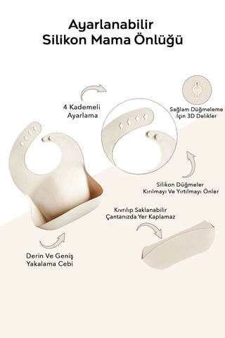 4'lü Silikon Beslenme Seti - Yapboz Puzzle Mama Tabağı Önlük Pipetli Bardak Diş Kaşıyıcı Kaşık Bej