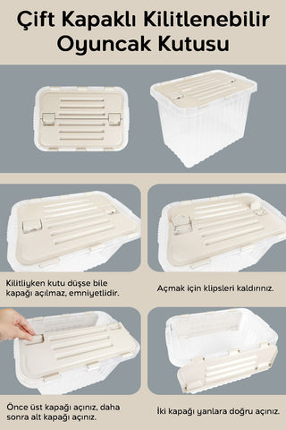 2'li Set - Kilitli Kapak Oyuncak Kutusu - Bebek Çocuk Odası Düzenleyici Organizer - 16 Lt Bej