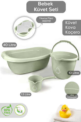 3'lü Set - Bebek Yıkama Banyo Küveti, Desenli Su Kovası, Maşrapa, Yeşil - Yıkama Filesi Hediye