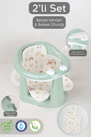 2'li Bebek Banyo Oturağı Ve Minder Seti - Vakum Taban Mama Oturağı, Yıkanabilir Oturak Minderi Yeşil