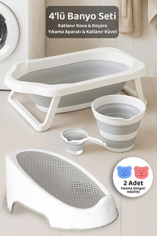 4'lü Katlanır Banyo Seti - Bebek Küveti, Fileli Yıkama Aparatı, Su Kovası, Maşrapa Sünger Hediye Gri