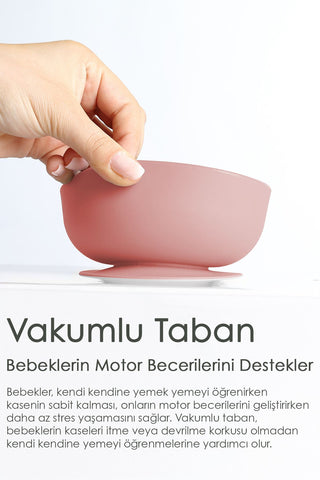 2'li Bebek Beslenme Seti - Vakumlu Silikon Kapaklı Mama Kasesi - Diş Kaşıyıcı Mama Kaşığı - Pembe