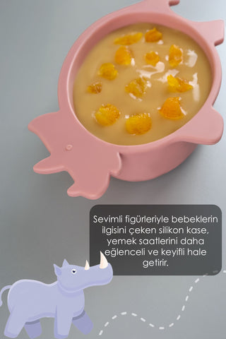 3'lü Hayvan Figürlü Silikon Bebek Mama Kasesi Seti - Şekilli Bebek Beslenme Kasesi Pembe