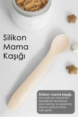 2'li Bebek Beslenme Seti - Vakumlu Silikon Kapaklı Mama Kasesi - Diş Kaşıyıcı Mama Kaşığı - Bej