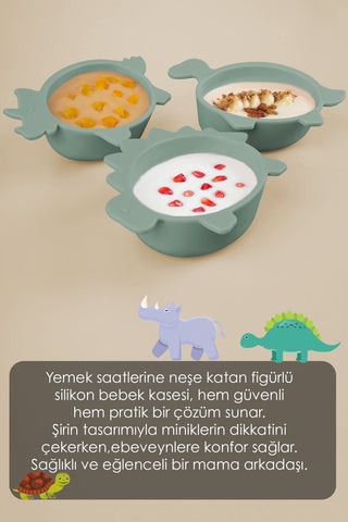 Kaplumbağa Figürlü Silikon Bebek Mama Kasesi - Şekilli Bebek Beslenme Kasesi - Yeşil