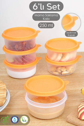6'lı Yuvarlak Bebek Mama Saklama Kabı Seti - Çocuk Atıştırmalık Kabı Beslenme Kabı 250ml Turuncu