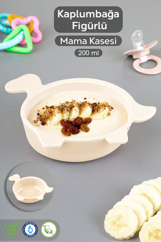 Kaplumbağa Figürlü Silikon Bebek Mama Kasesi - Şekilli Bebek Beslenme Kasesi - Bej