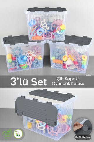 3'lü Set - Kilitli Kapak Oyuncak Kutusu - Bebek Çocuk Odası Düzenleyici Organizer - 16 Lt Antrasit
