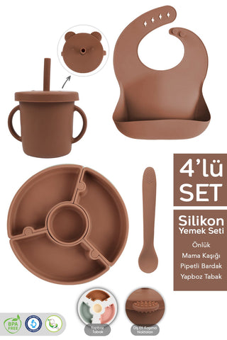 4'lü Silikon Beslenme Seti - Yapboz Puzzle Mama Tabağı Önlük Pipetli Bardak Diş Kaşıyıcı Kaşık Kahve
