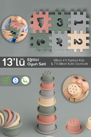 13 Parça Silikon Eğitici Oyuncak Seti - Küp Oyuncak Oyun Kulesi Bebek Çocuk Aktivite Oyuncağı Renkli