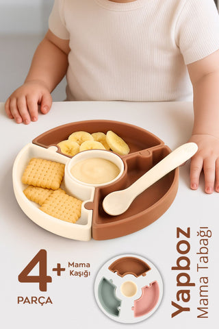 Puzzle Mama Tabağı Kaşık Seti - Silikon Vakum Tabanlı Yapboz Mama Tabağı Silikon Kaşık - Kahve Bej