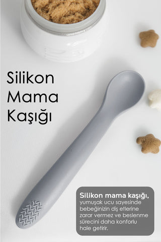 Puzzle Mama Tabağı Kaşık Seti - Silikon Vakum Tabanlı Yapboz Mama Tabağı Silikon Kaşık - Kahve Gri