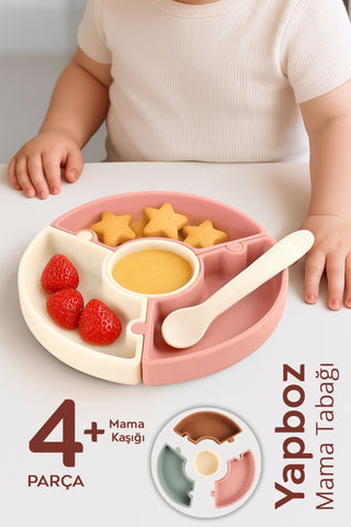 Puzzle Mama Tabağı Kaşık Seti - Silikon Vakum Tabanlı Yapboz Mama Tabağı Silikon Kaşık - Pembe Bej
