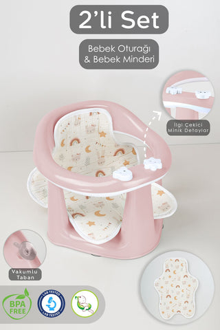 2'li Bebek Banyo Oturağı ve Minder Seti - Vakum Taban Mama Oturağı, Yıkanabilir Oturak Minderi Pembe