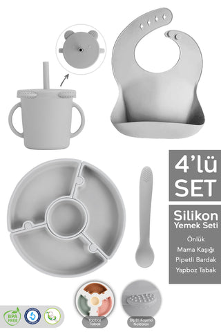 4'lü Silikon Beslenme Seti - Yapboz Puzzle Mama Tabağı Önlük Pipetli Bardak Diş Kaşıyıcı Kaşık Gri