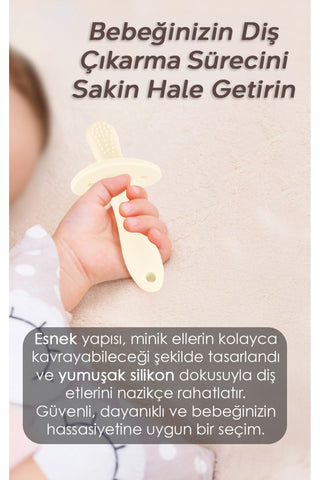 2'li Bebek Diş Kaşıyıcı Seti - Silikon Diş Kaşıma Emziği, Kaktüs Silikon Diş Kaşıyıcı - Bej
