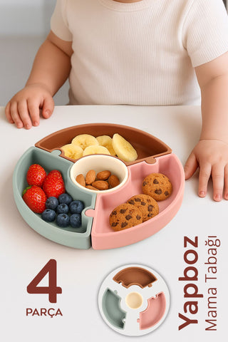 Vakumlu Silikon Puzzle Mama Tabağı - Vakum Tabanlı 4 Bölmeli Bebek Yapboz Mama Tabağı 4 Renk