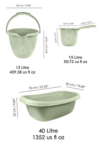 3'lü Set - Bebek Yıkama Banyo Küveti, Desenli Su Kovası, Maşrapa, Yeşil - Yıkama Filesi Hediye