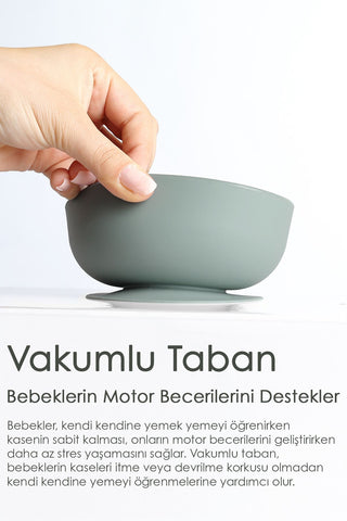 2'li Bebek Beslenme Seti - Vakumlu Silikon Kapaklı Mama Kasesi - Diş Kaşıyıcı Mama Kaşığı - Yeşil