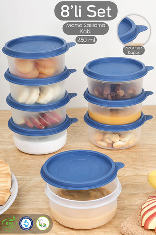 8'li Yuvarlak Bebek Mama Saklama Kabı Seti - Çocuk Atıştırmalık Kabı Beslenme Kabı 250ml Lacivert