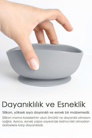 Vakumlu Silikon Bebek Mama Kasesi - Vakum Tabanlı Kase - Gri
