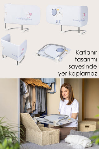 120x42 cm Katlanır Bebek Yatak Bariyeri - Fil Desenli Koruyucu Baza Korkuluğu Güvenlik Bariyeri