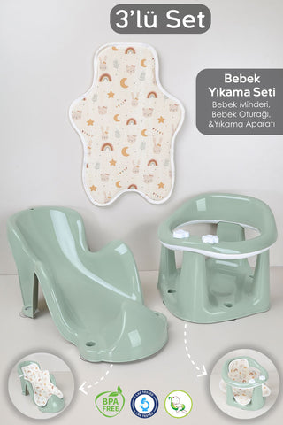 3'lü Set - Vakumlu Bebek Yıkama Aparatı, Vakumlu Destekli Banyo Oturağı, Banyo Oturak Minderi Yeşil