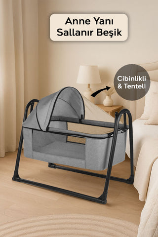 Sallanır Anne Yanı Beşik - Fileli Portatif Bebek Beşiği Cibinlikli Sepet Beşik Gri
